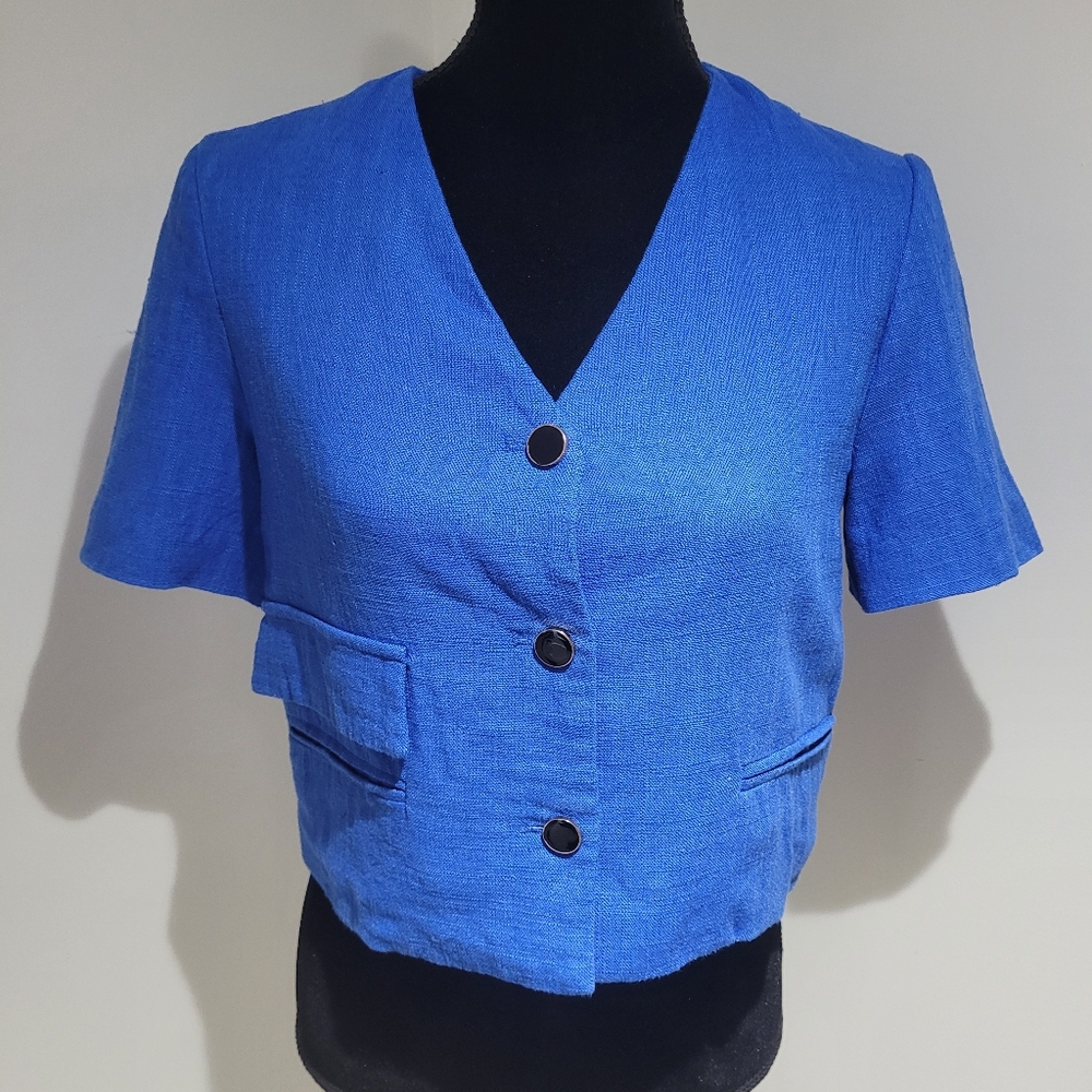 MOTF Women's Short Sleeve Linen Blend Blazer Jacket Size XS Royal Blue Chic